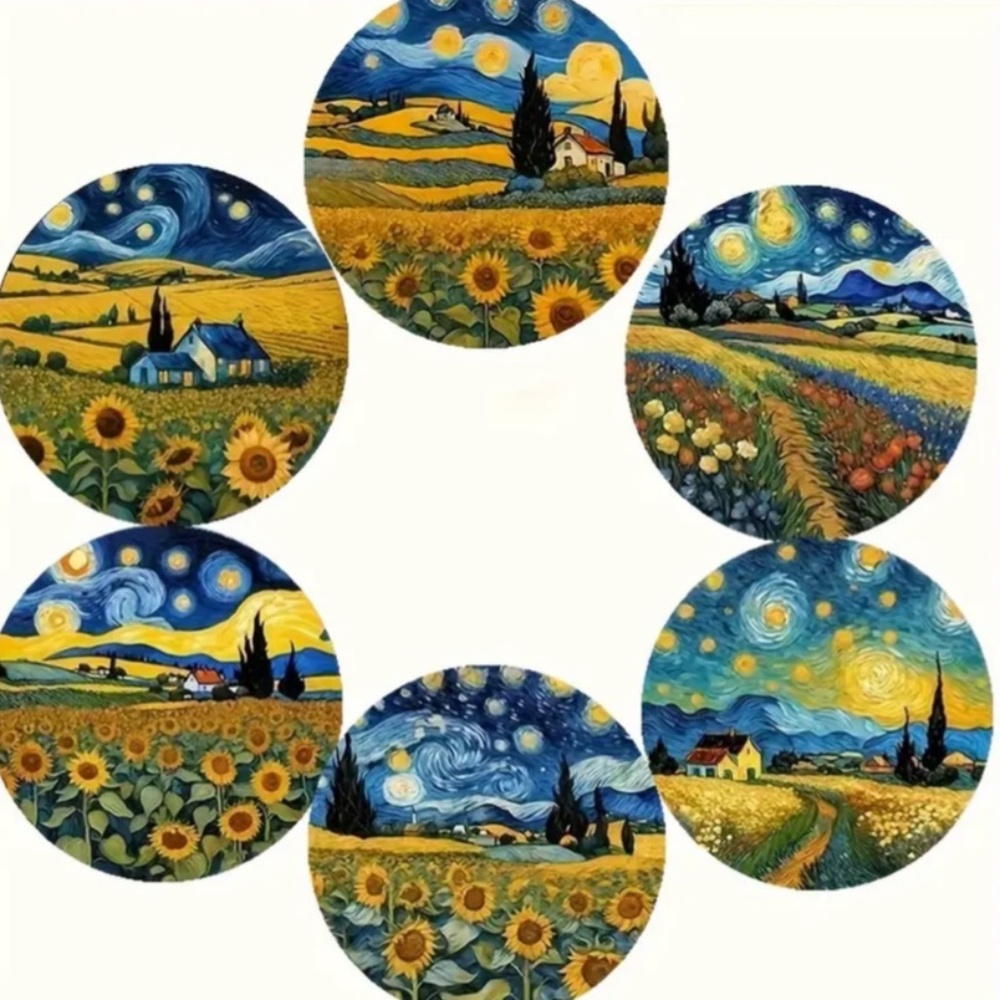 NIP! Set of 6 Sunflowers with Van Gogh Backgrounds Coffee, Tea, Drink Coffee!